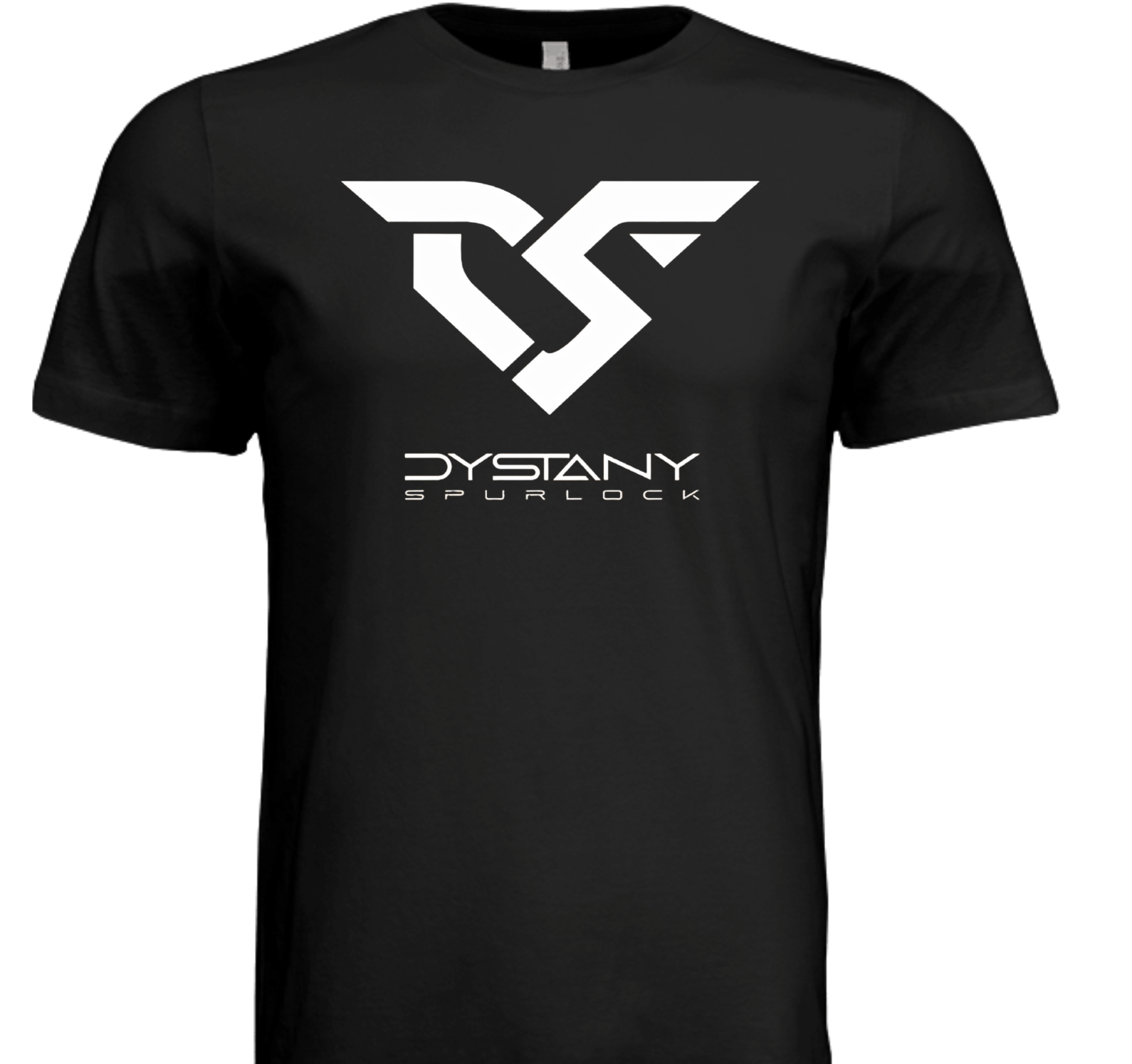 Front view of black t-shirt featuring Dystany Spurlock DS logo shaped like a motorcycle, centered on chest. Official Foxxtecca motorsport streetwear apparel.