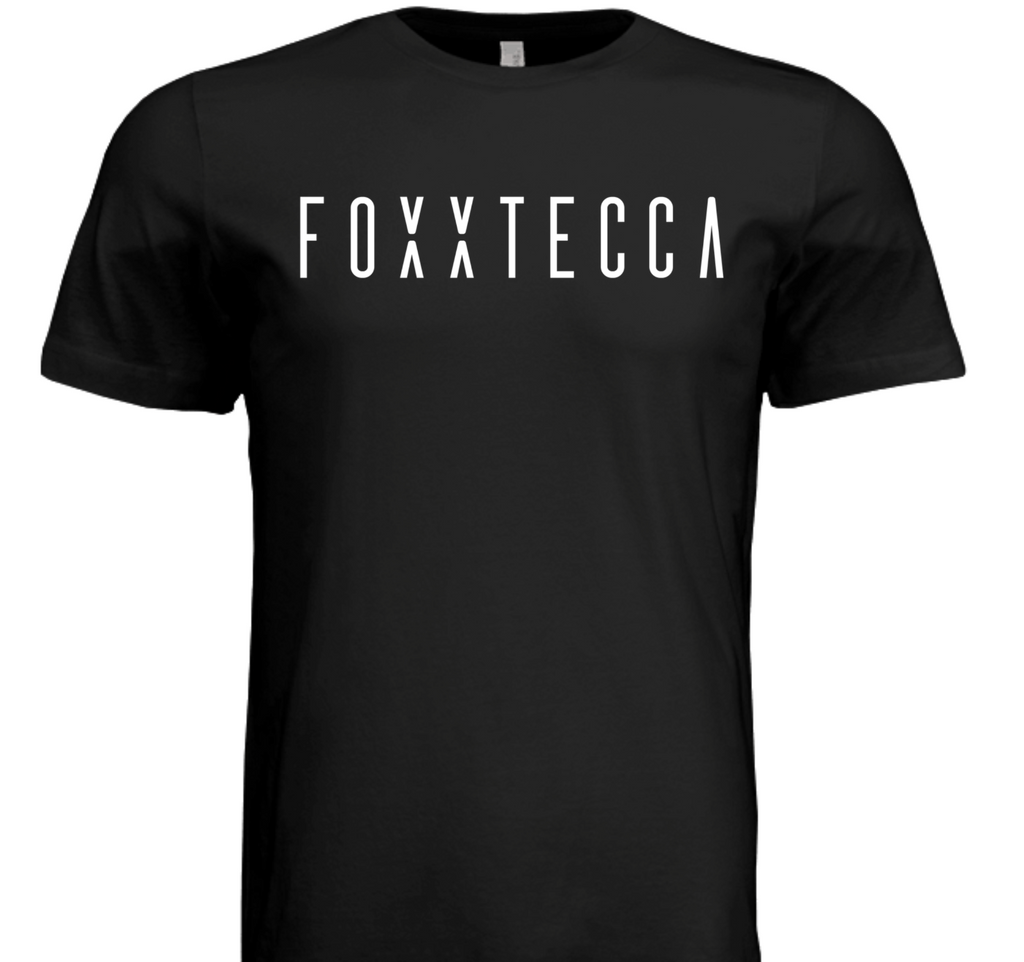 Black t-shirt with 'FOXXTECCA' printed in white on a white background