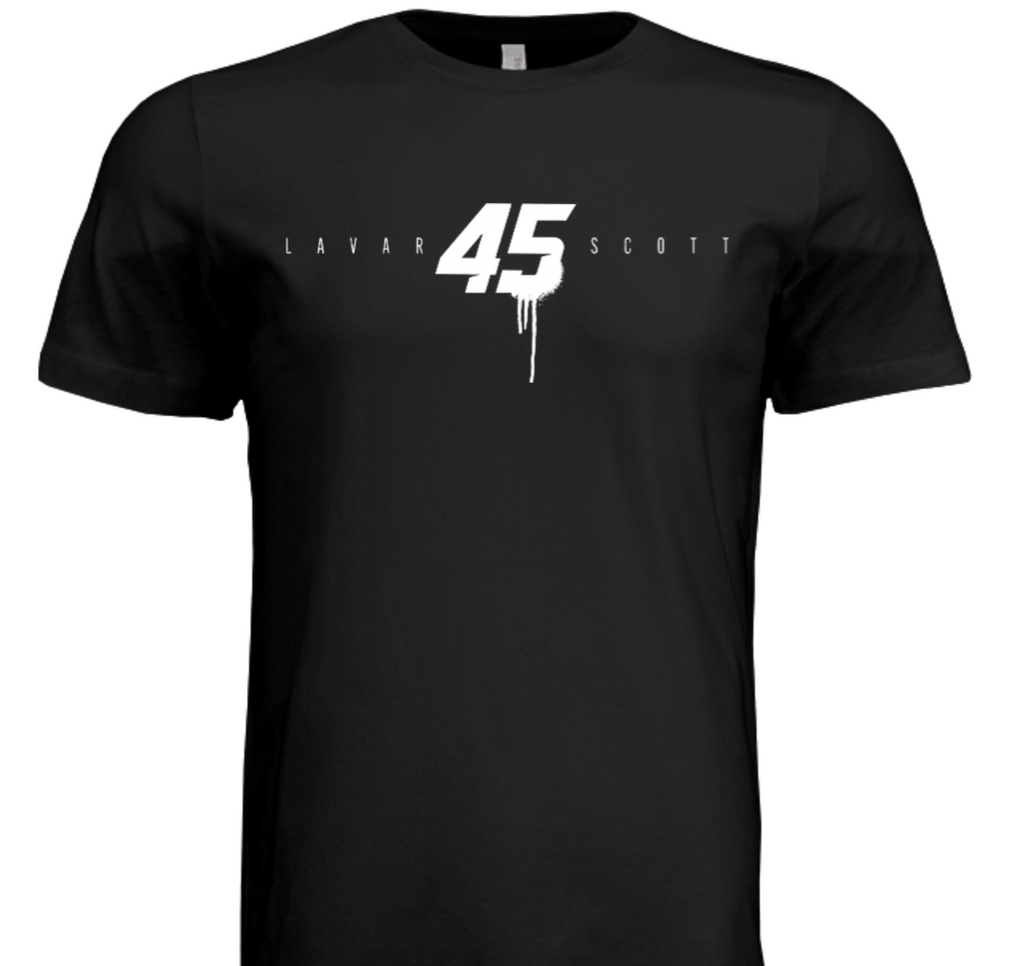Black t-shirt front view featuring bold white “45” with drip effect in the center, flanked by the name Lavar Scott in minimalist lettering. Official Foxxtecca NASCAR streetwear motorsport apparel.
