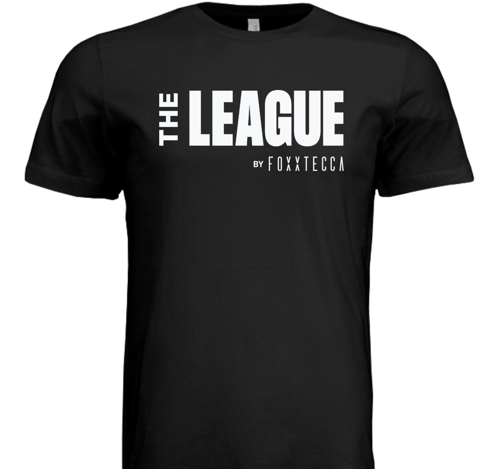 Front view of black t-shirt featuring bold white text “THE LEAGUE” stacked above the Foxxtecca logo, centered across the chest.