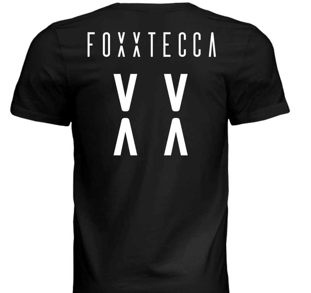 Back view of black t-shirt featuring the Foxxtecca logo centered at the top, with two large stacked “XX” symbols below, mimicking the style of a sports jersey number.